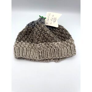 Women’s Gray Beanie Two-Tone Handmade Knit Winter Hat Soft Chunky Yarn One Size